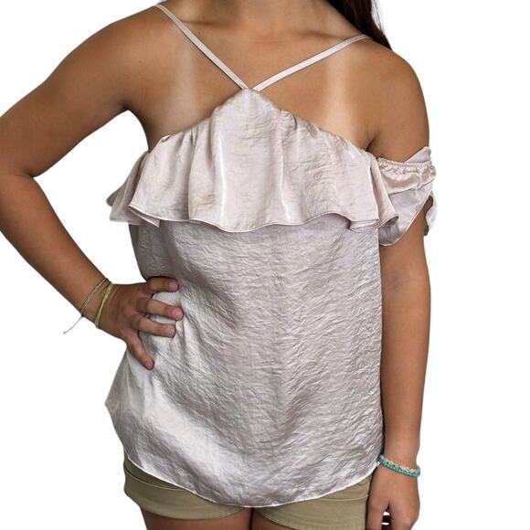 Ten Sixty Sherman Blush Pink Flounce Cold Shoulder Satin Texture Top Size Large - Picture 1 of 8